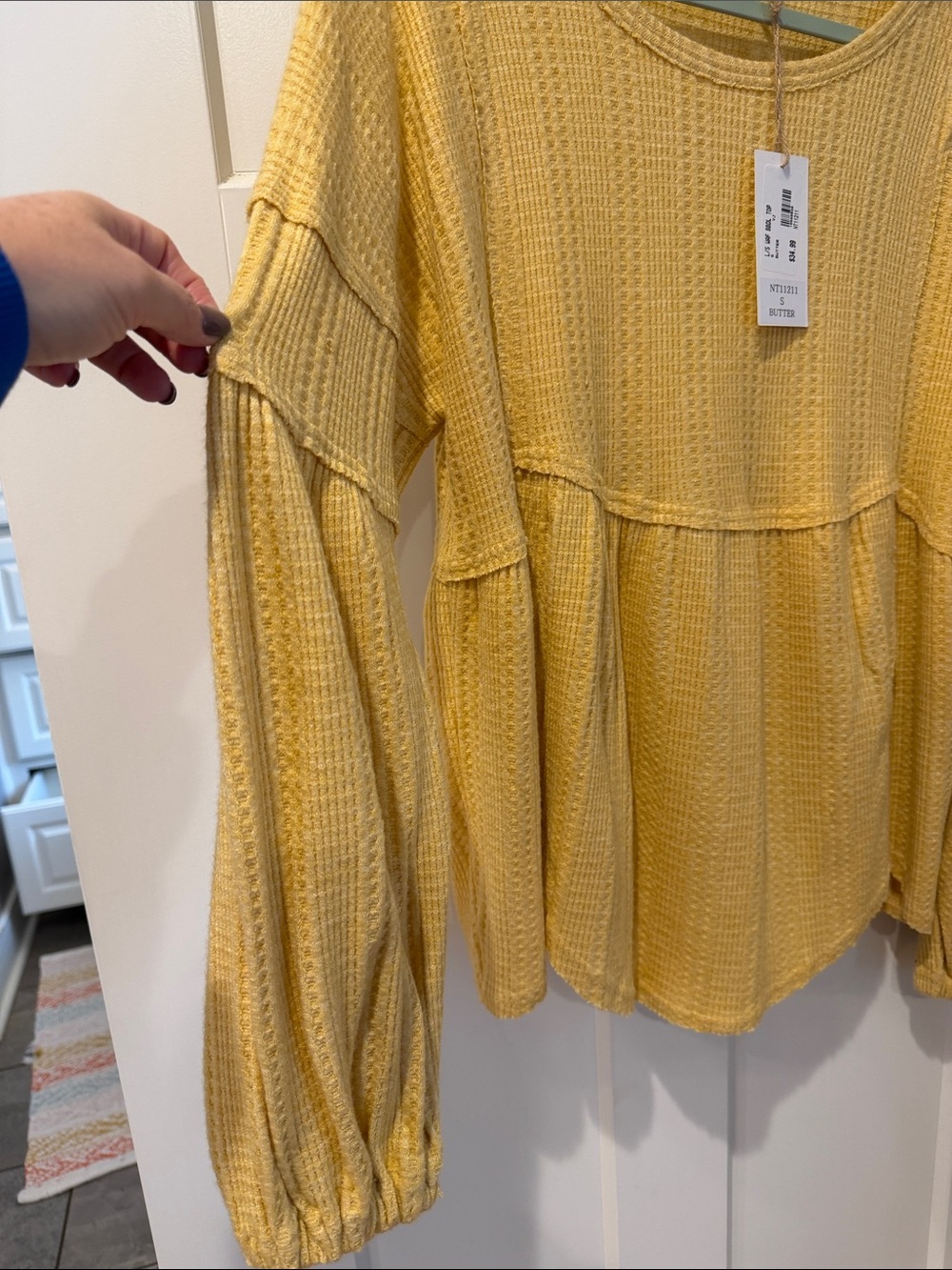 Women's Soft Butter Yellow Waffle Knit Peasant Dress - Picture 6 of 6